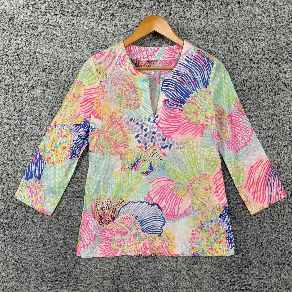 Lilly Pulitzer Tunic Blouse Womens XS Multicolor Floral V Neck 3/4 Sleeve Top